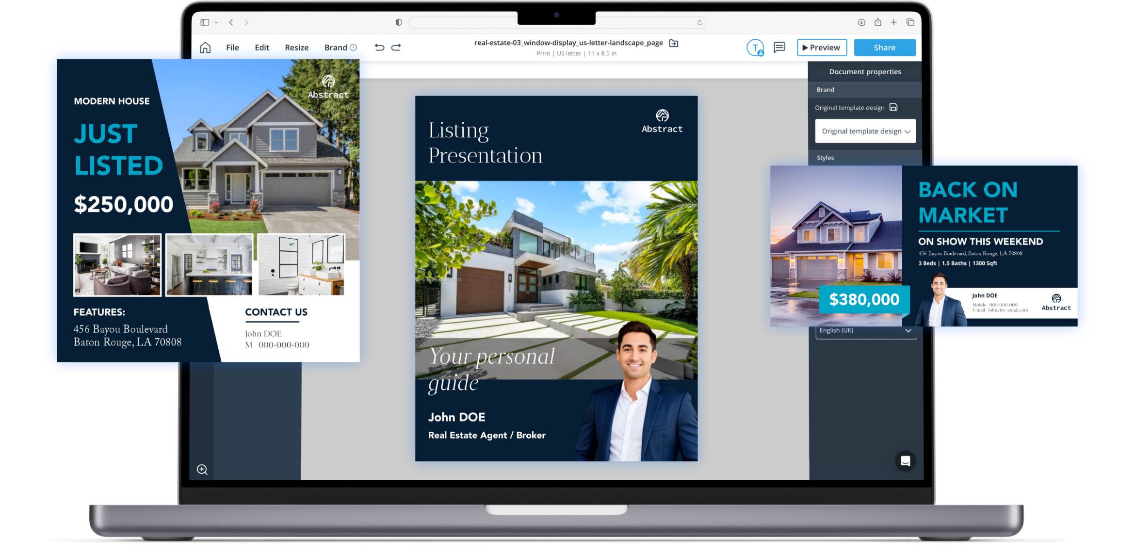 Xara real estate document template featuring a modern property listing layout with professional typography, photo placeholders, and branded design elements.