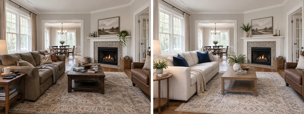 Side-by-side illustration of the same living room before and after staging, with updated furniture and fewer objects.