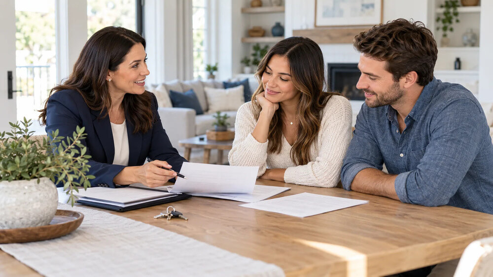 Real estate agent discussing documents with a couple at a dining table in a bright home.