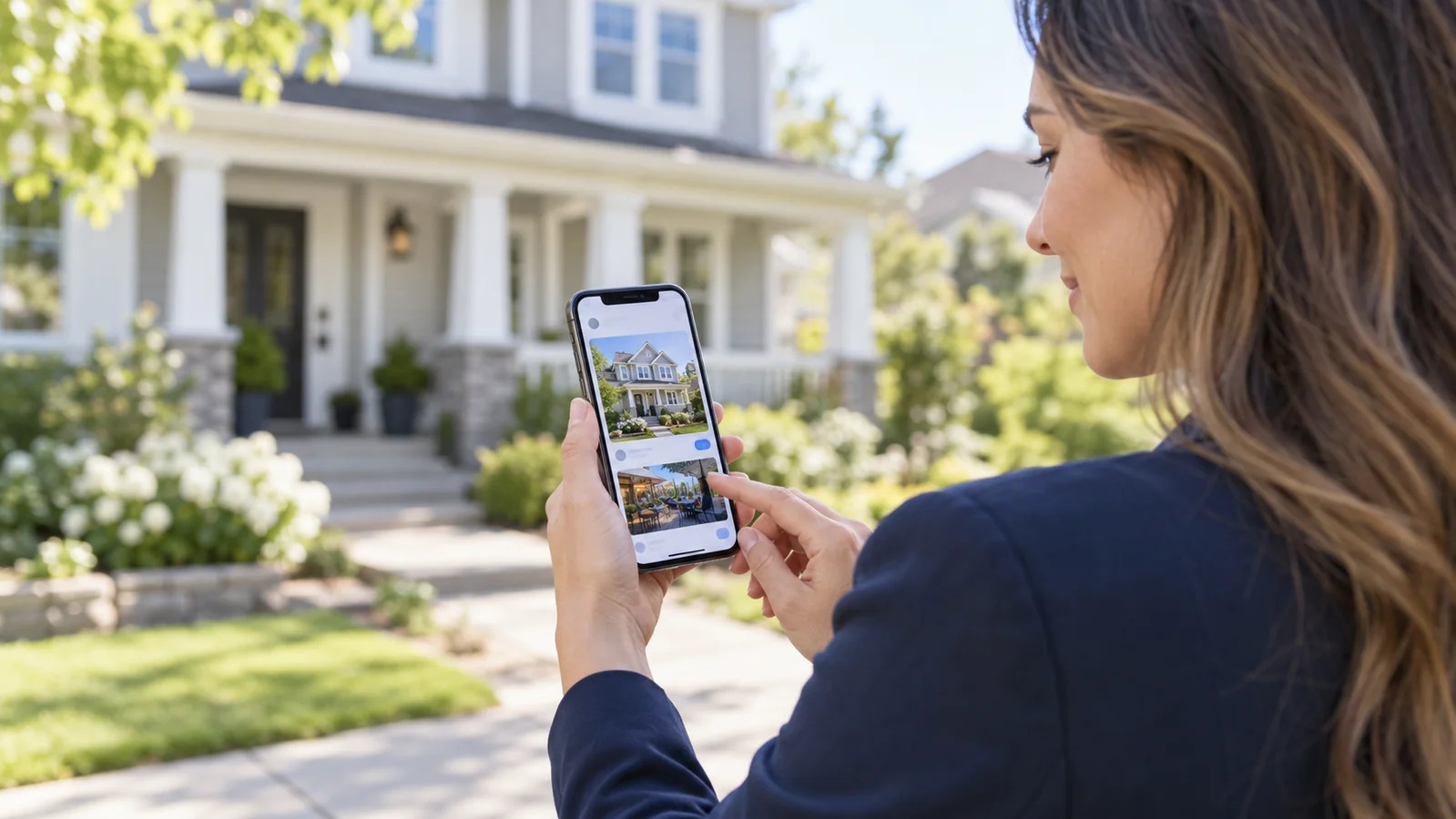 Real estate agent using a smartphone to share property and neighborhood content on social media outside a suburban home